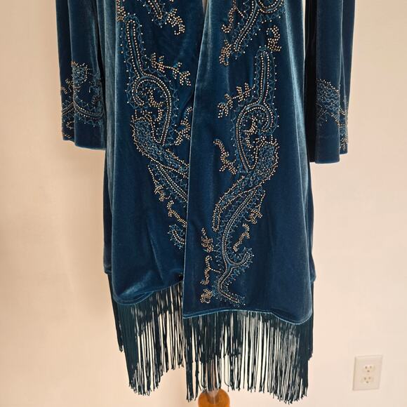 Chico's Velvet Duster Kimono Whimsigoth Fringed 20s Flapper Beaded Women Small P - Picture 6 of 13